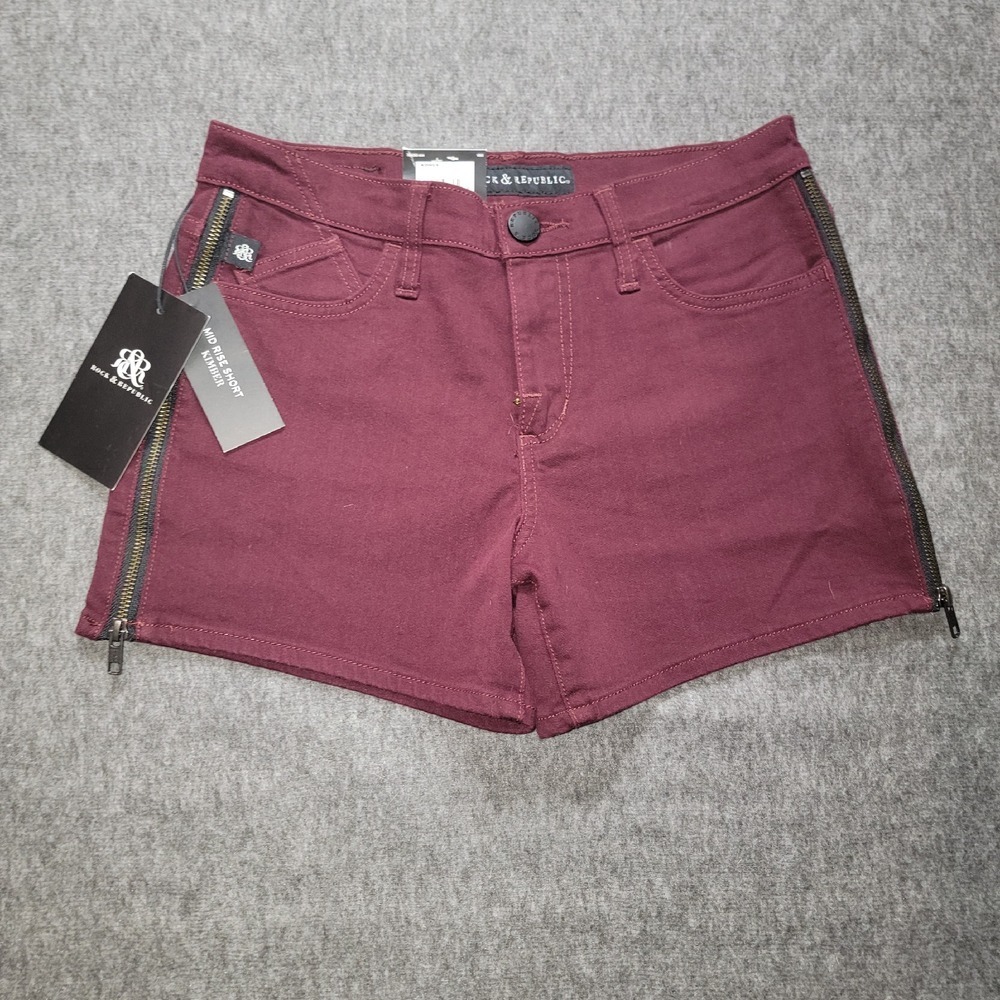 Rock & Republic Kimber Mid Rise Zipper Burgundy Shorts‎ Womens Size